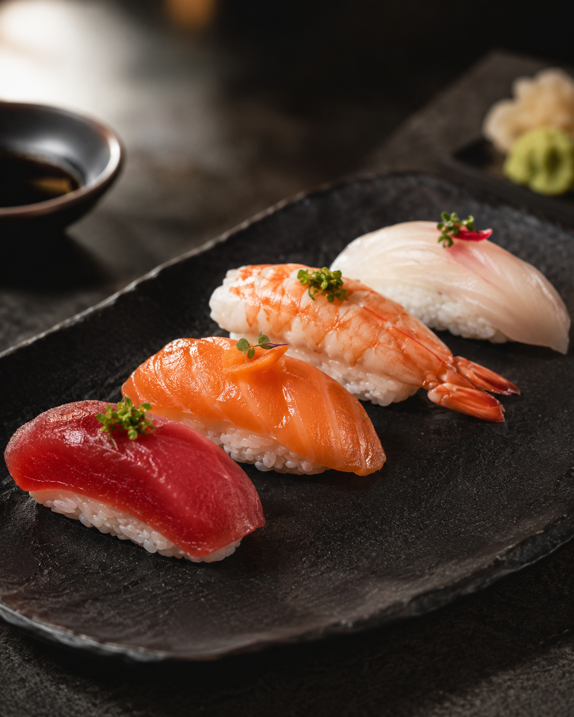 Cuatro nigiris sobre plato negro de LUP Sushi